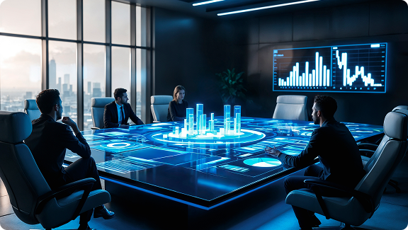 A group of executives seated around a high-tech conference table displaying holographic 3D charts and digital analytics. The modern boardroom setting highlights advanced data visualization, smart technologies, and strategic decision-making powered by innovation.
