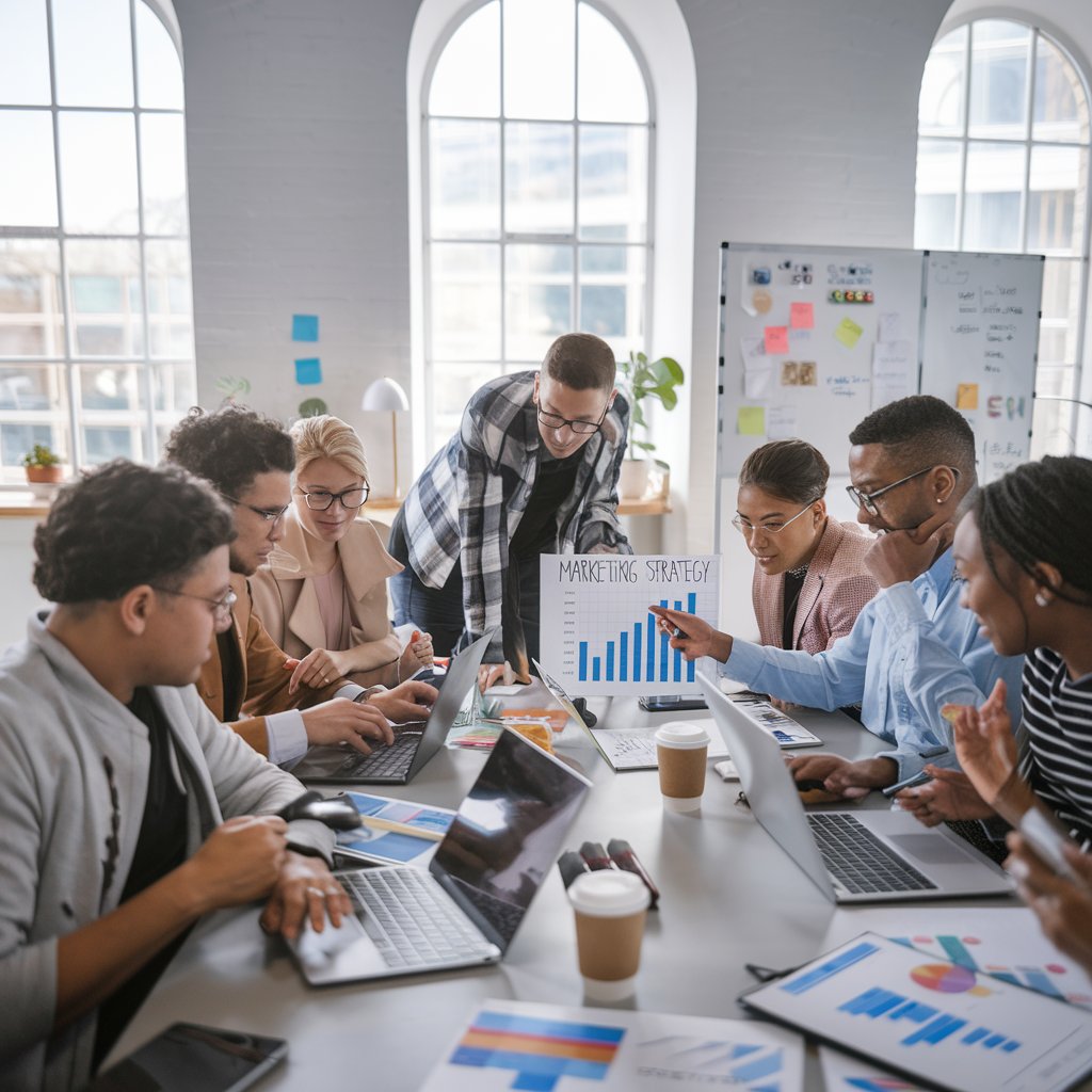 A photo of a diverse team of marketing professionals working together at Nixxie International