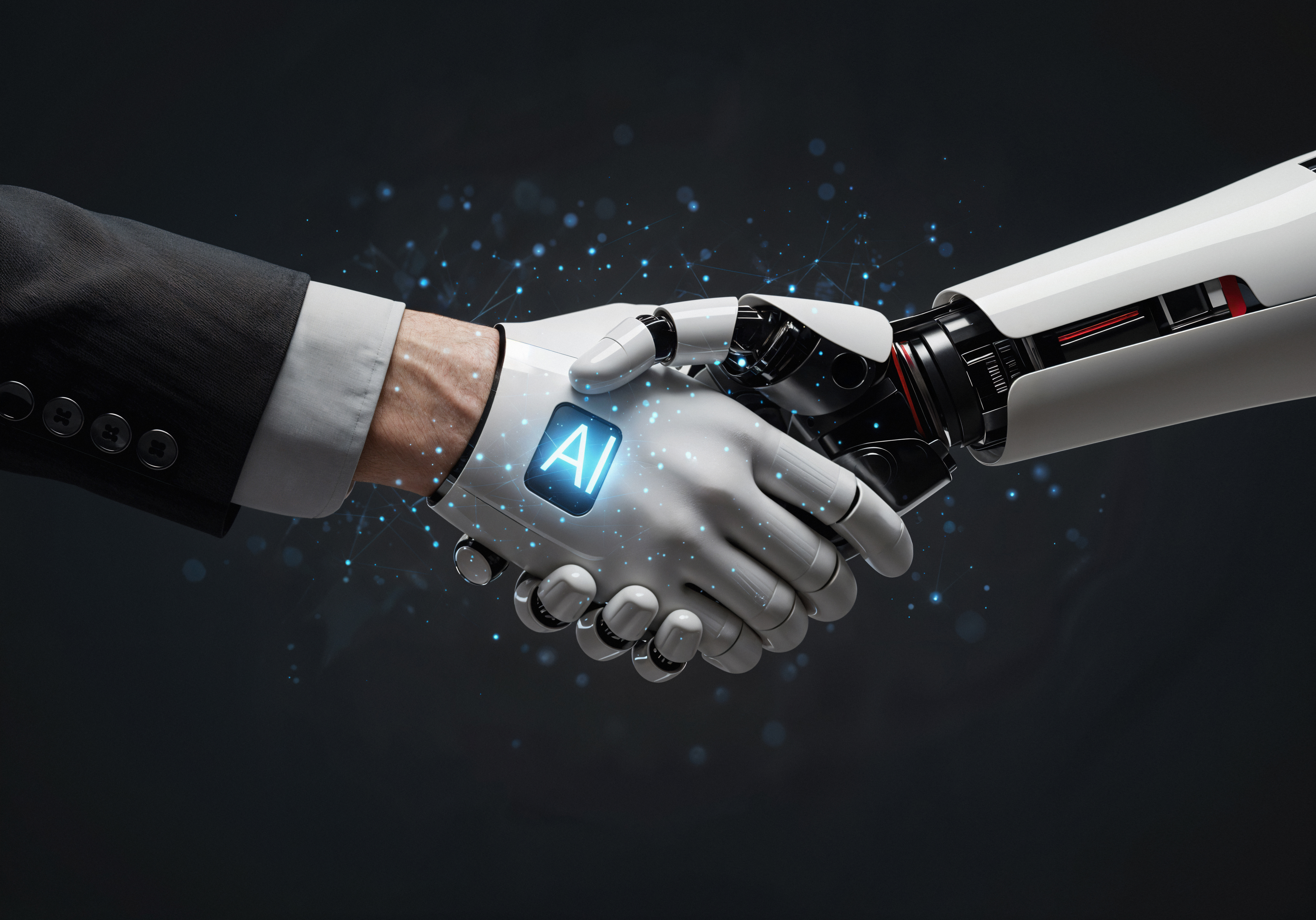 A symbolic handshake between a human in a business suit and a robotic hand, representing collaboration between artificial intelligence and humans. It illustrates the future of technology partnerships, automation, and innovation.