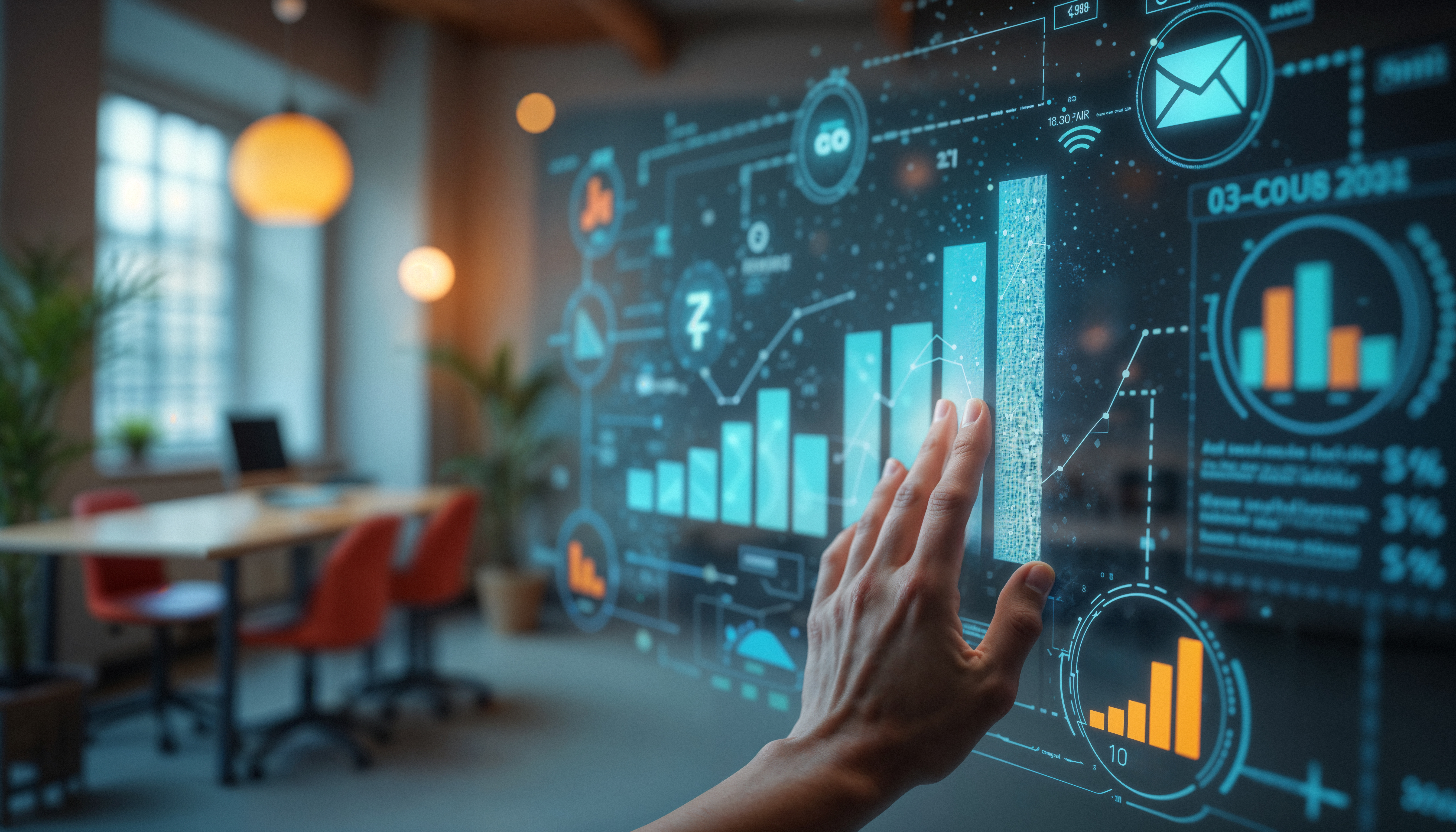 A futuristic scene of a person interacting with a large transparent touchscreen dashboard displaying charts, graphs, and analytics. It represents big data, business intelligence, and data-driven decision-making in modern workspaces.