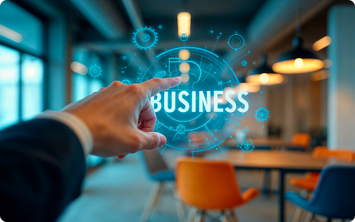 Finger pointing at a digital BUSINESS interface representing practical innovation